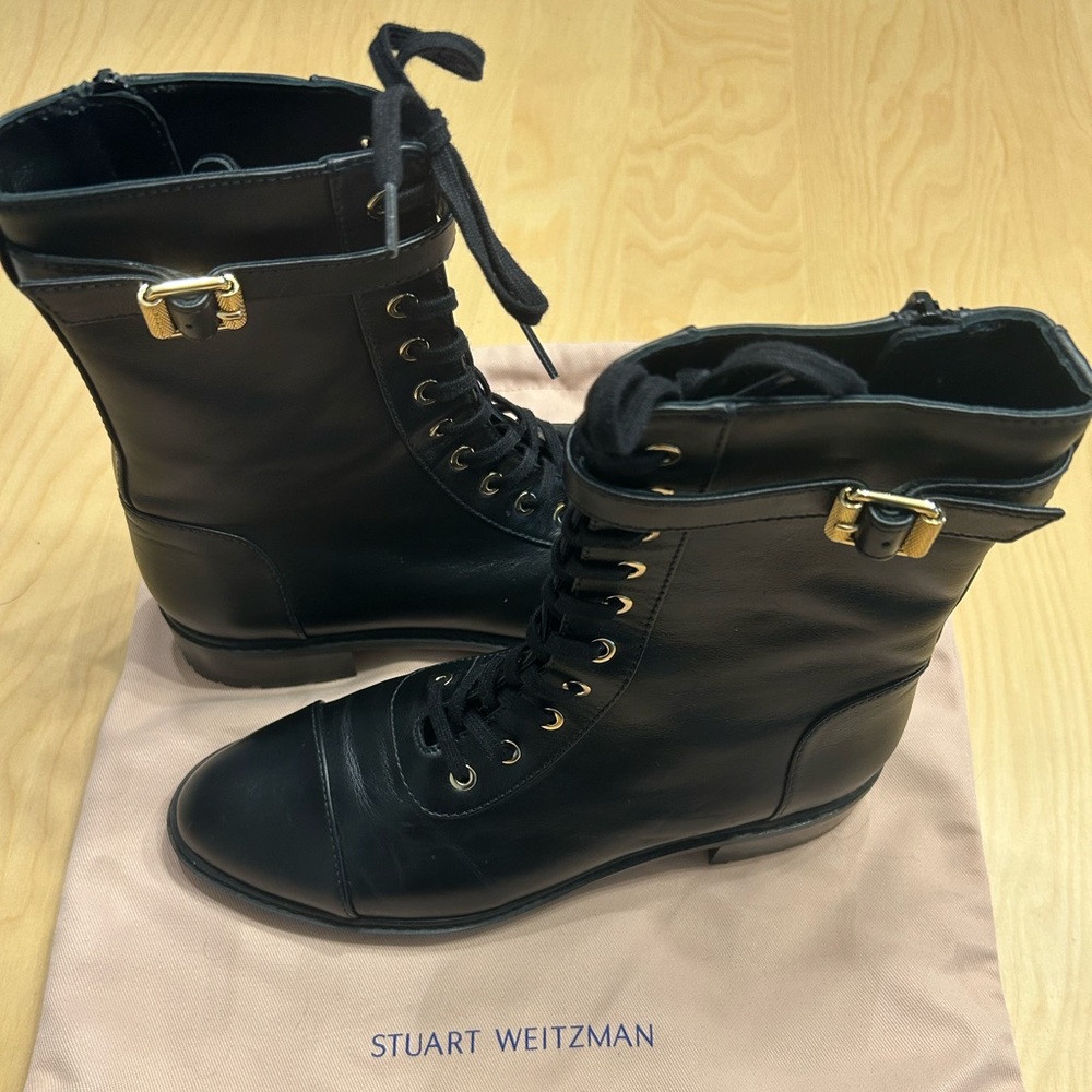 Stuart Weitzman Black Lace-Up Boots with Gold Accents
